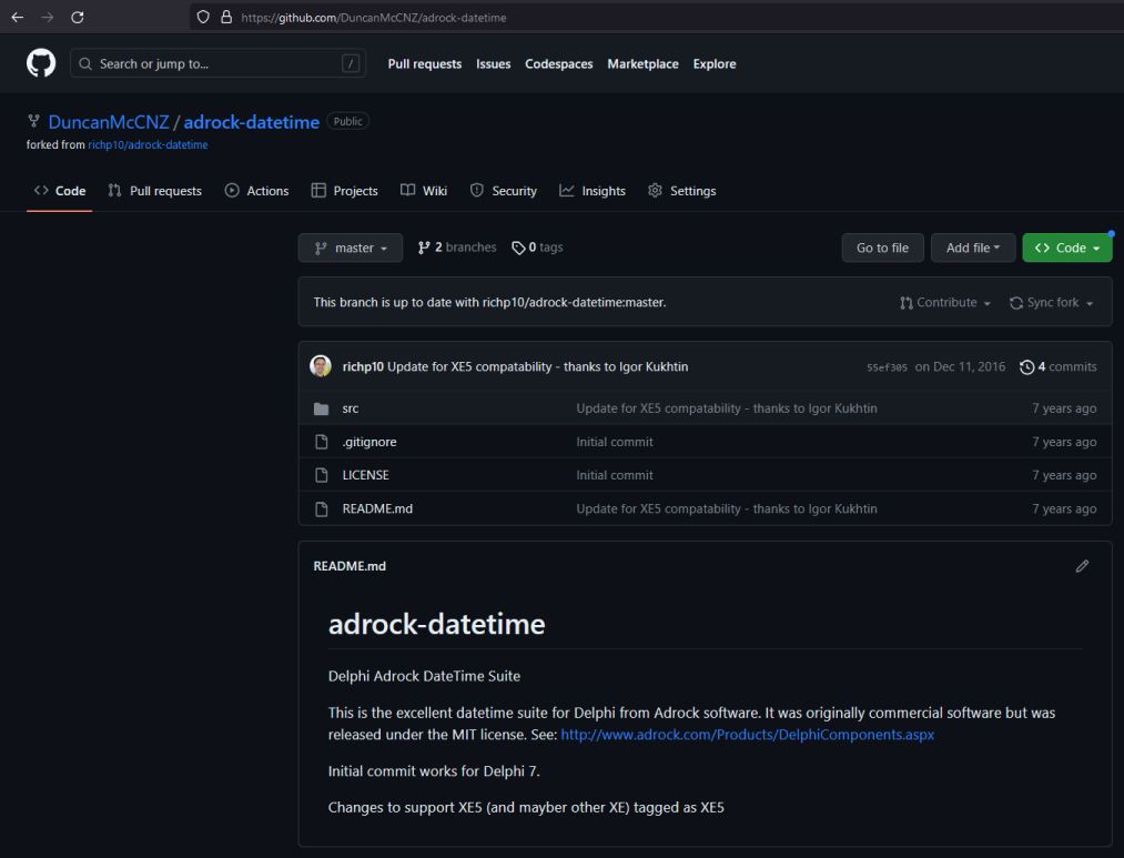 Adrock Software, Borland Delphi, DateTime Components - GitHub repository