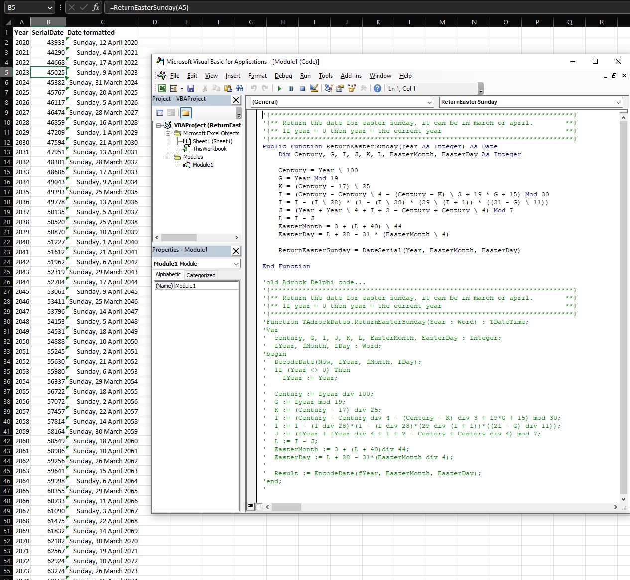 Microsoft Excel example - ReturnEasterSunday